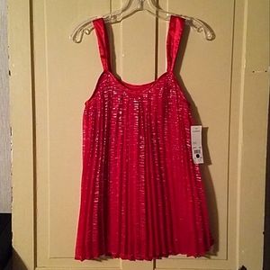 NWT Pleated Shimmery Red Satin-Finish Sparkly Dressy Lined Flowy Tank Top, Med